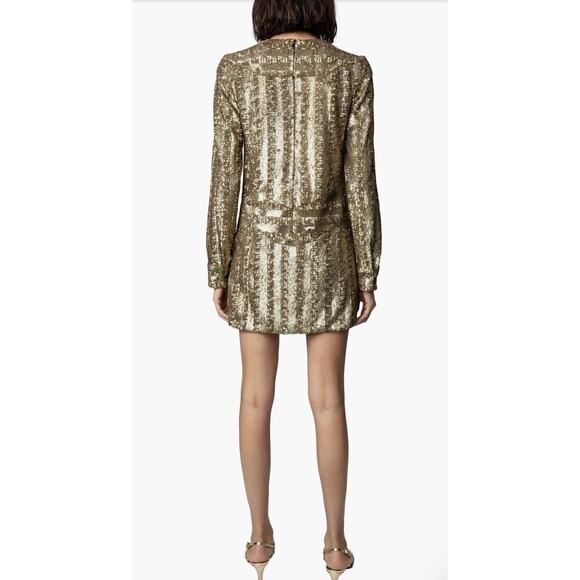 NWT Zadig & Voltaire Roysee Sequins Mini Dress Gold Bronze Long Sleeve Medium - Picture 2 of 16
